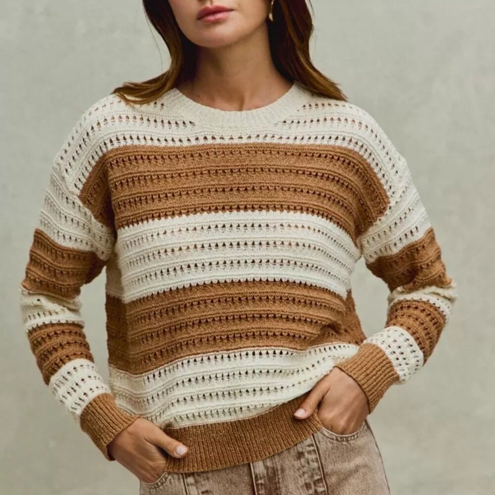 SO ME Openwork Round Neck Wide Stripe‎ Textured Sweater